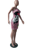 Red Polyester Fashion Sexy adult Red Pink Spaghetti Strap Sleeveless O neck Step Skirt Mini Print Patchwork Animal Dresses