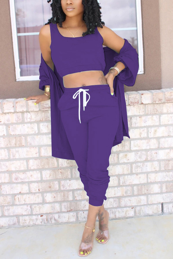 purple Active Solid pencil Long Sleeve Two Pieces