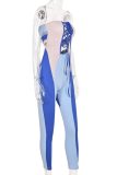 Blue Sexy Patchwork Frenulum Off the Shoulder Skinny Jumpsuits