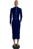Dark Blue Polyester OL adult Fashion Cap Sleeve Long Sleeves O neck Step Skirt Mid-Calf bandage Solid