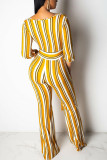 Blue Fashion Sexy Adult Polyester Striped Split Joint With Belt V Neck Loose Jumpsuits