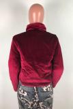 Wine Red Turndown Collar Solid Zippered Spandex Pure Long Sleeve Blazer & Suits &Jacket