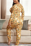 Yellow Sexy Living Polyester Knitting Character Print Buttons V Neck Skinny Jumpsuits