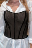 Black Sweet Patchwork See-through Backless Mesh Strapless Mid Waist Tops