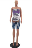 Blue Fashion Sexy Print Backless Strapless Skinny Romper