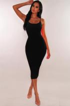 Black Polyester Fashion adult Sexy Spaghetti Strap Sleeveless Slip A-Line Mid-Calf Solid