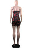 Black Fashion Sexy Lips Printed Backless O Neck Sling Dress