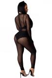 Black Fashion Sexy perspective Mesh Network Long Sleeve O Neck Jumpsuits