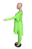 Fluorescent Green Elegant Solid Slit O Neck Long Sleeve Two Pieces