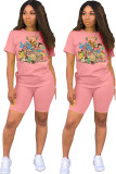 Pink Polyester Fashion Casual adult Patchwork Print Character Two Piece Suits Straight Short Sleeve Two Pieces