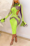 Green Sexy Print O Neck Wrapped Skirt Dresses