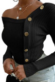 Black Elegant Pit Article Fabrics Solid Oblique Collar Tops