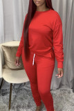 rose red Sexy Polyester Print Split Joint O Neck Long Sleeve Regular Sleeve Regular Two Pieces