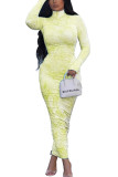 Yellow Polyester OL Long Sleeves Turtleneck Hip skirt Ankle-Length Print Draped Dresses