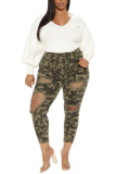 Army Green Fashion Camouflage Print Ripped Plus Size 