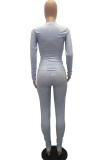 Grey Polyester Fashion Casual adult Ma'am Print Two Piece Suits pencil Long Sleeve Two Pieces