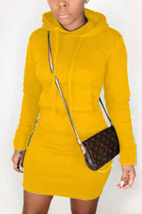 Yellow Polyester Street Cap Sleeve Long Sleeves Hooded Step Skirt Knee-Length Solid