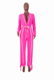 Pink Fashion Living Solid Hollowed Out V Neck Regular Jumpsuits