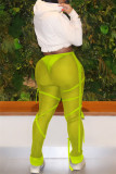 Fluorescent Green Fashion Sexy Solid Draw String See-through Regular Mid Waist Trousers