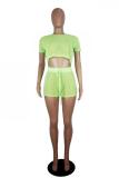 Green Fashion Sexy Solid crop top asymmetrical Two Piece Suits perspective Loose Short Sleeve T