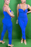 Blue Fashion Light Solid Draped Sleeveless V Neck Jumpsuits