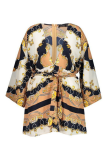 Yellow Casual Print Bandage V Neck One-piece Suits Dresses