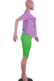 Green Spandex Fashion Casual adult Ma'am Letter Patchwork Print Character contrast color Fluorescent pencil Short Sleeve Two Pieces