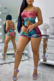 Blue Pink Sexy Print Patchwork Spaghetti Strap Skinny Rompers