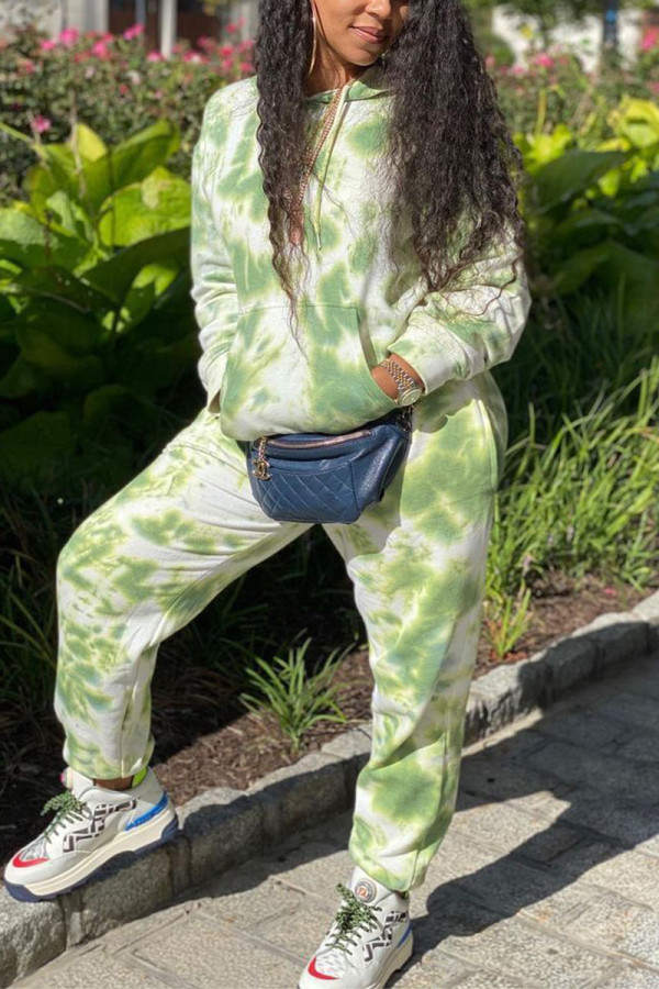 Green Casual Print Hooded Collar Long Sleeve Two Pieces