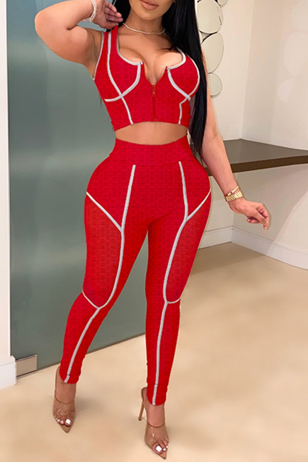 Red Sexy Solid Patchwork Zipper Collar Sleeveless Two Pieces