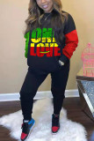 Black Casual Print O Neck Long Sleeve Two Pieces