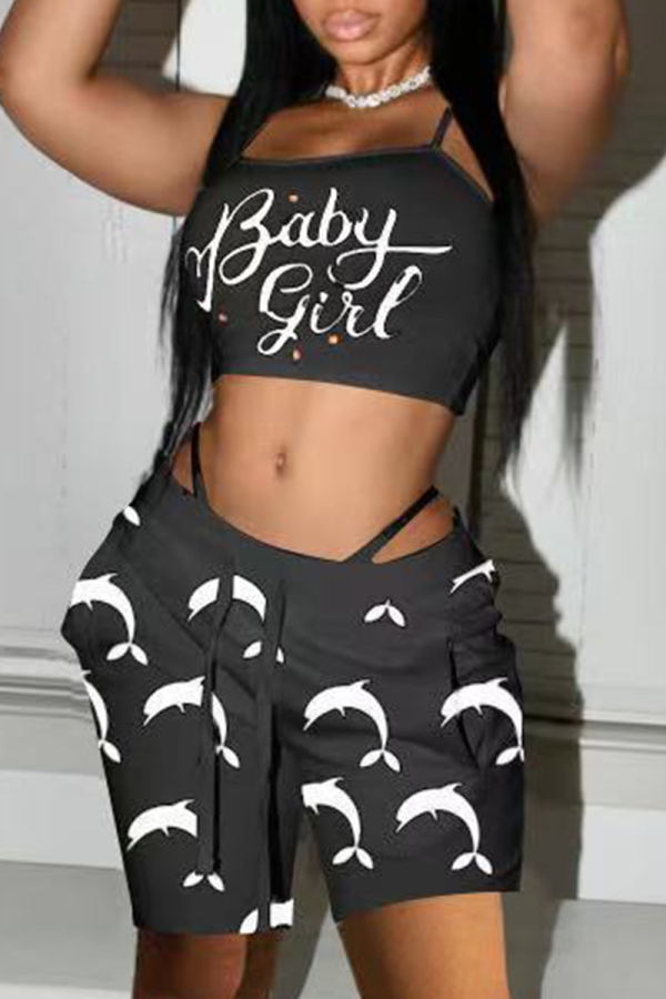 Black Sexy Print Patchwork Spaghetti Strap Sleeveless Two Pieces