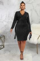 Silver Polyester Sexy Cap Sleeve Long Sleeves V Neck Asymmetrical Knee-Length Solid Patchwork Club Dresses