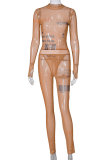 Brownness Casual Print See-through Half A Turtleneck Long Sleeve Two Pieces
