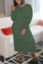Green Polyester Fashion Casual adult Ma'am Cap Sleeve Long Sleeves O neck Step Skirt Ankle-Length Solid Dresses