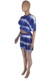 Deep Blue Fashion Casual Print Basic O Neck Short Sleeve Two Pieces
