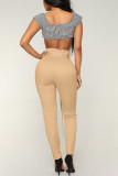 Khaki British Style Solid Buttons With Belt Regular Mid Waist Pencil Bottoms