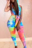 Multicolor Fashion Sexy Print Tie Dye Backless Hooded Collar Regular Jumpsuits