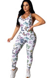 White Sexy Fashion Print Backless Milk. Sleeveless O Neck Jumpsuits