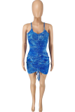 Blue Sexy Print Patchwork Spaghetti Strap Pencil Skirt Dresses