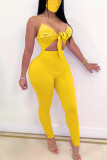 Yellow Fashion Sexy Patchwork bandage Hollow Solid Sleeveless Slip Jumpsuits