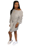 Grey Casual One Shoulder Long Sleeves one shoulder collar A-Line Mini Casual Dresses