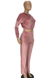 Pink Casual Polyester Flocking Solid Pants Zipper Collar Long Sleeve Regular Sleeve Short Two Pieces