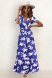 Blue Fashion Sexy Cap Sleeve Short Sleeves V Neck A-Line Ankle-Length Patchwork Print