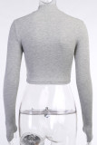 Grey Sexy Solid Split Joint O Neck Mid Waist Tops