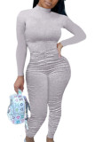 Grey British Style Polyester Solid Fold O Neck Regular Jumpsuits