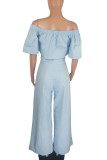 Light Blue Fashion Casual Adult Polyester Solid Split Joint Bateau Neck Half Sleeve Off The Shoulder Short Two Pieces