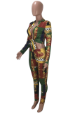 Green Sexy National Totem V Neck Long Sleeve Two Pieces