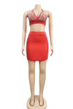 Red Sexy Hot Drilling Mesh Spaghetti Strap Sleeveless Two Pieces