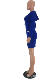 Blue Sexy Patchwork Draw String Hooded Collar A Line Dresses